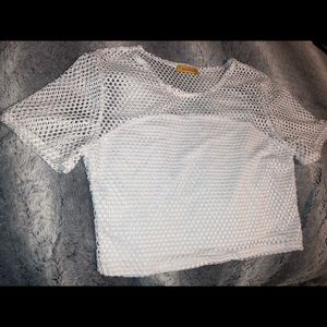 White Fishnet Cropped Short Sleeved Shirt